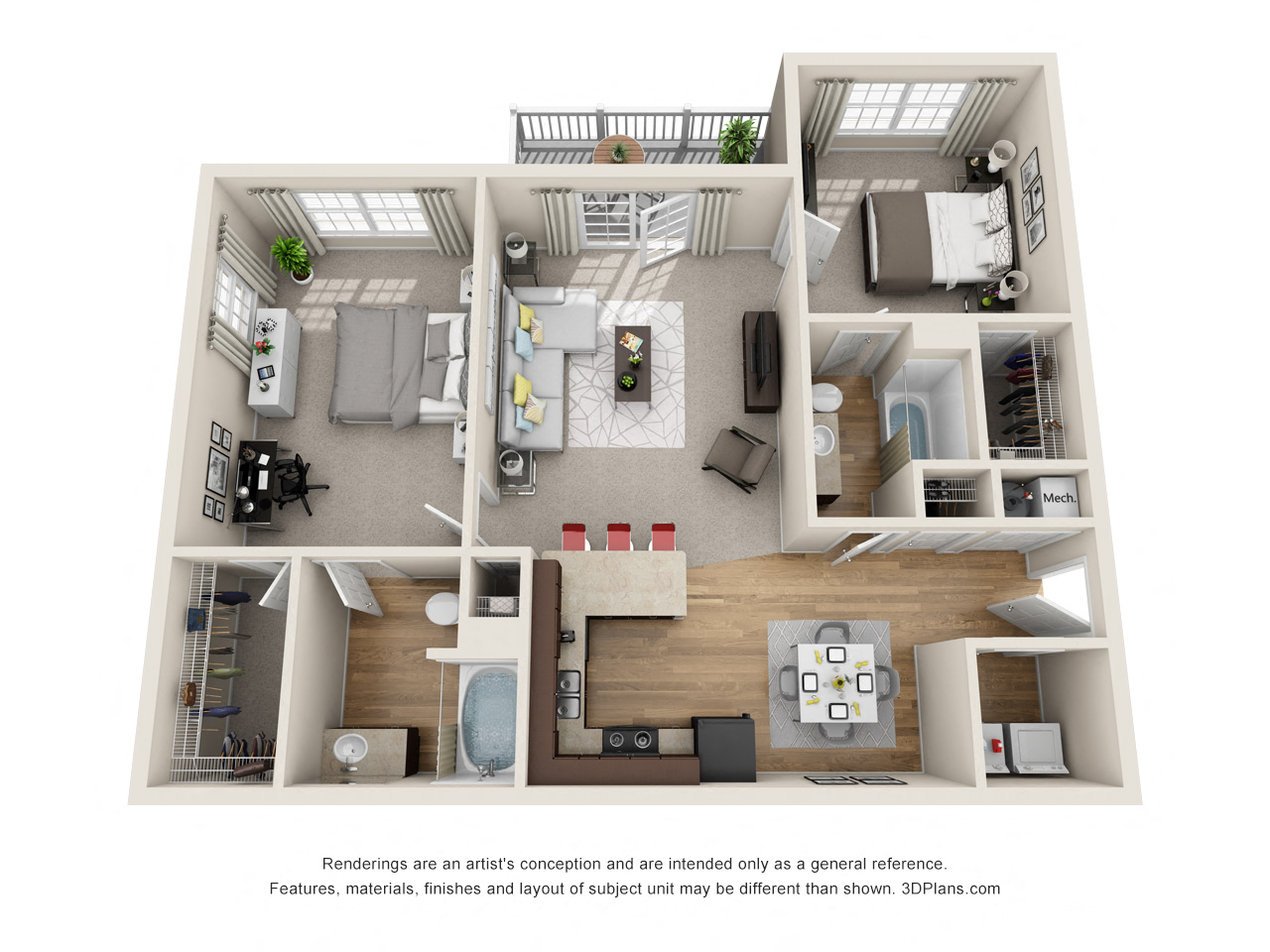 Floor plan for 2 beds, 2 baths, 1170 sqft